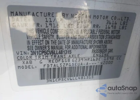 2020 Nissan Kicks Sv Xtronic Cvt z USA, uszkodzony, nr VIN 3N1CP5CV6LL481315